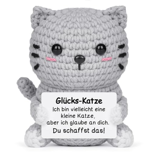 Giftasy Glücksbringer Handgehäkelte Katze mit Energiekarte Du schaffst das Geschenk Geschenke zur Einschulung Mutmacher Geschenk Positive Hug Motivationsgeschenk