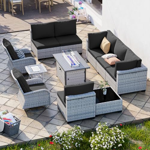 Image of 11-Piece Patio Furniture Set, Outdoor Patio Furniture with 55,000 BTU Fire Pit Table, Swivel Chairs Set, Thick Cushions, Modular Patio Sofa, Dual-Strand Wicker Rattan, Rust-Resistant Frame, Black