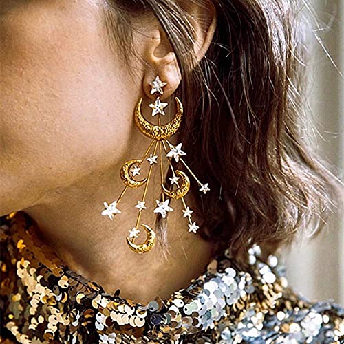Star Moon Earrings Made Swarovski Crystal Gold Plated Crescent Moon Stars Drop Dangle Mother's Day Couples Gifts Mom #TOP2