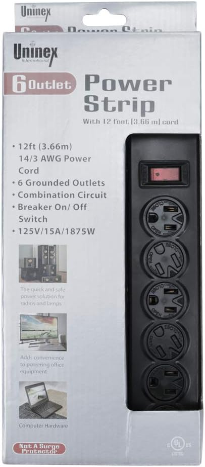 Uninex PS0812BK Flat Plug 6 AC Outlet Heavy Duty Power Strip with Twist Lock, 14/3 AWG, ABS, UL Listed, Black, 12-Foot
