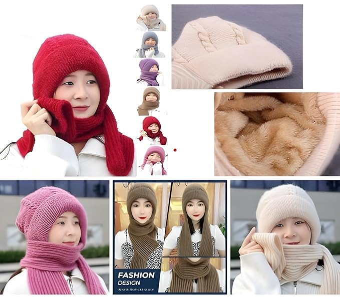PUHBRHY 2 in 1 Windproof Scarf with Cap Integrated Ear Guard Hat Plus Velvet, Winter Warm Soft Knitted Beanie Hats Scarf- Woolen Lovely Muffler Fur Cap Stylish Headwear for Women & Girls 4