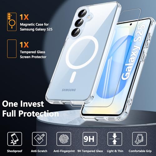 Image of OWKEY for Samsung S25 Case, Compatible with MagSafe with Screen Protector, Magnetic Case for Samsung Galaxy S25 5G, Translucent Back Shockproof Phone Cover (Clear)