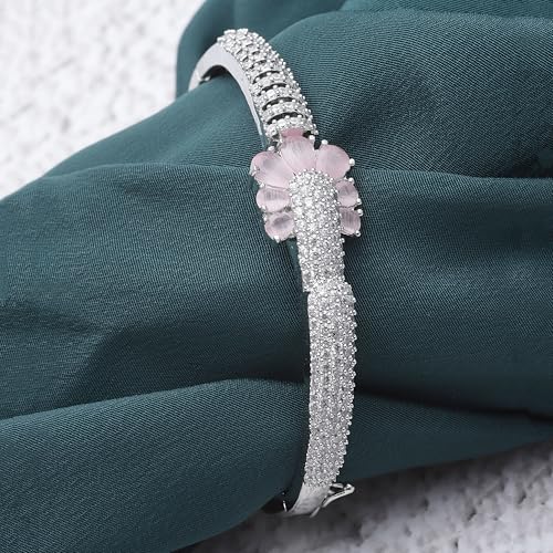 Image of ZENEME Rhodium-Plated Square Shaped American Diamond Studded Kada Bracelet For Girls and Women