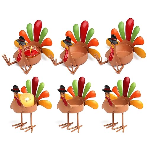 INSTITIZER 6 Pcs Turkey Tea Light Candle Holders, Thanksgiving Metal Turkey Candle Holders Decoration Table Candleholder Ornaments, Candle Holder for Table Tea Light Turkey Iron Candelabra
