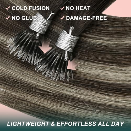 Image of Easyouth 24 Inch 50g Nano Bead Hair Extensions Human Hair Balayage, Nano Ring Human Hair Extensions, Ombre Dark Brown to Platinum Blonde with Brown, Long Straight Hair, for All-Day Wear