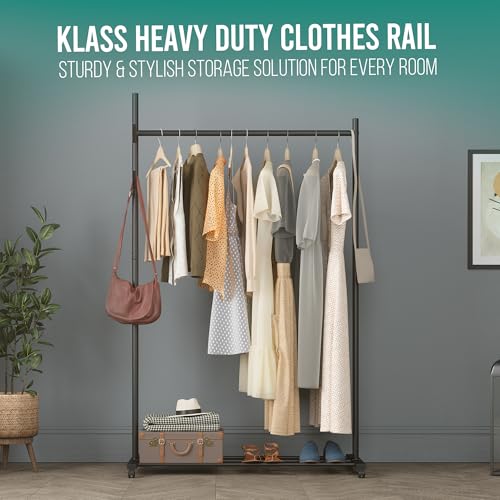 Klass Home Collection Portable Heavy Duty Clothes Rail For Bedroom, Home & Shops, 50KG Load Clothes Rack With Storage Shelf, Metal Clothing Rail For Hanging Garments, Coats (Black With Wheels) - Image 4