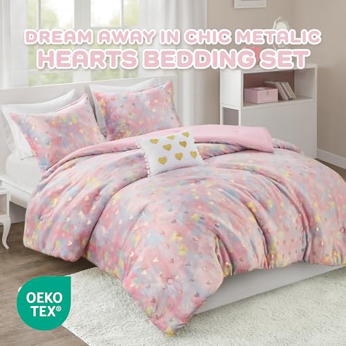 Image of Intelligent Design Queen Comforter Set, 4 Piece Metallic Hearts Bedroom Set for Girls, Queen Bed Set Soft Plush Comforter, Rosalie All Season Fluffy Bedding Set, Full /Queen, Pink Multi /Gold 4 Piece