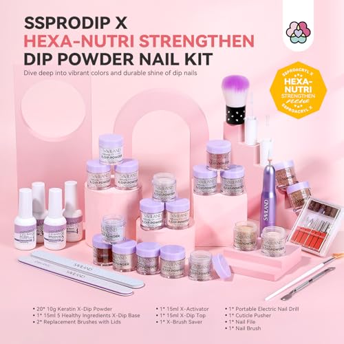 SAVILAND Dip Powder Nail Kit with Drill: 20 Colors All Season Nude Pink Keratin Dip Nails Powder Starter Kit with Dip Base Activator Top Coat Brush Saver for French Nail Art Manicure Home DIY