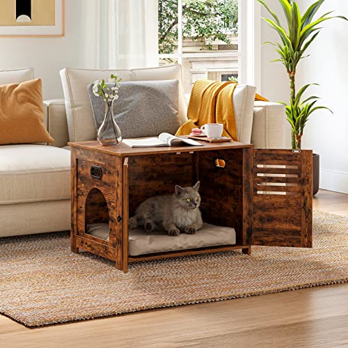 Dinzi Lvj Litter Box Enclosure, Cat Litter House With Louvered Doors, Entrance Can Be On Left Or Right Side, Spacious Hidden Cat Washroom For Most Of Litter Box, Cat Furniture Cabinet, Rustic Brown #TOP3