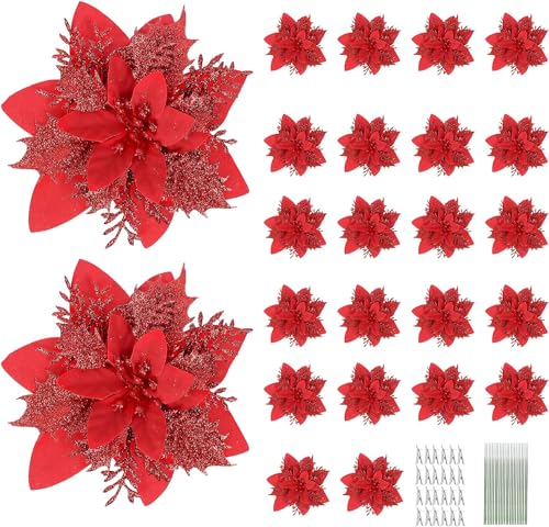 N&T NIETING Lot de 24 Fleurs de Poinsettia de Noël artificielles à Paillettes pour décoration d'arbre de Noël avec 24 tiges et Clips