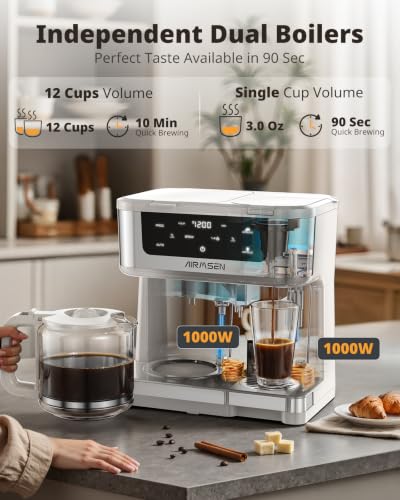 Image of AIRMSEN 12-Cup Programmable Duo Coffee Maker - Single Serve Machine for K-Cup Pods & Ground, 1000W Fast Brew, Delay Start, 2H Keep Warm, Touchscreen, 60oz Tank, Glass Carafe - Home & Office