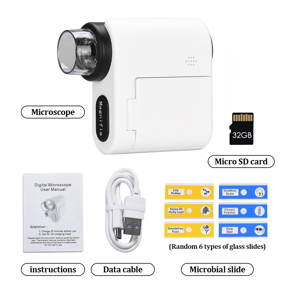 Microscopio Digital de Bolsillo para Niños, 1080P Microscopio USB de Mano con 6 Portaobjetos, Mini Microscopio para Niños Estudiantes Adultos Laboratorio,Vista de PC