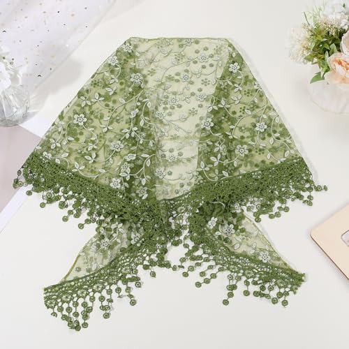 Olive Green Lace Scarf Head Wrap Vintage Soft Triangle Hairband Flower Pattern Sheer Fabric Floral Edging Trim Polyester Cloth Headbands for Women Hair Accessories Party Birthday Wedding3