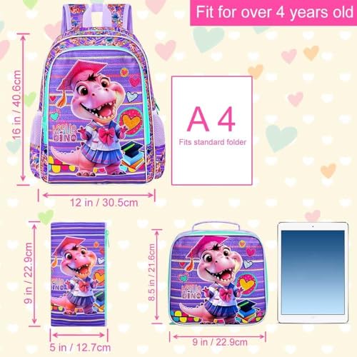 Image of AGSDON 3PCS Dinosaur Backpack for Girls, 16 inch Kids Backpacks with Lunch Box, Water Resistant Girl School Bookbag for Elementary
