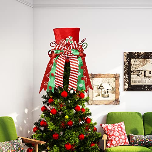 Yofit Christmas Tree Topper Hat, Large Red Hat With Striped Bow Ribbon & Lollipop, Christmas Tree Decorations Top Hat, Desktop Ornaments For Home Xmas Holiday Winter Decor #TOP4