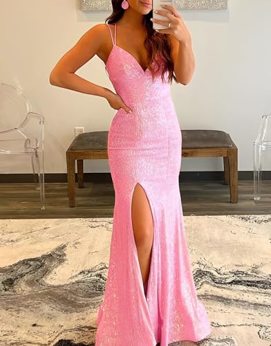 Spaghetti Strap Sparkly Sequin Mermaid Prom Dress with Slit Long Corset Formal Dress Evening Gowns4