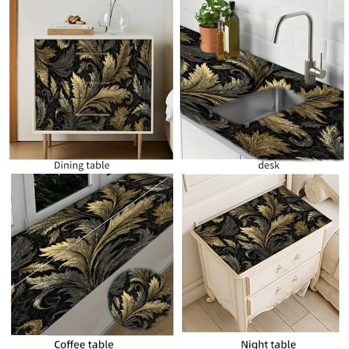 Image of Black Gold Baroque Desktop Sticker 39.37x23.62In, Luxury Leaf Pattern Desk Decal, Easy Clean Table Surface Sticker, Elegant Office Home Decor