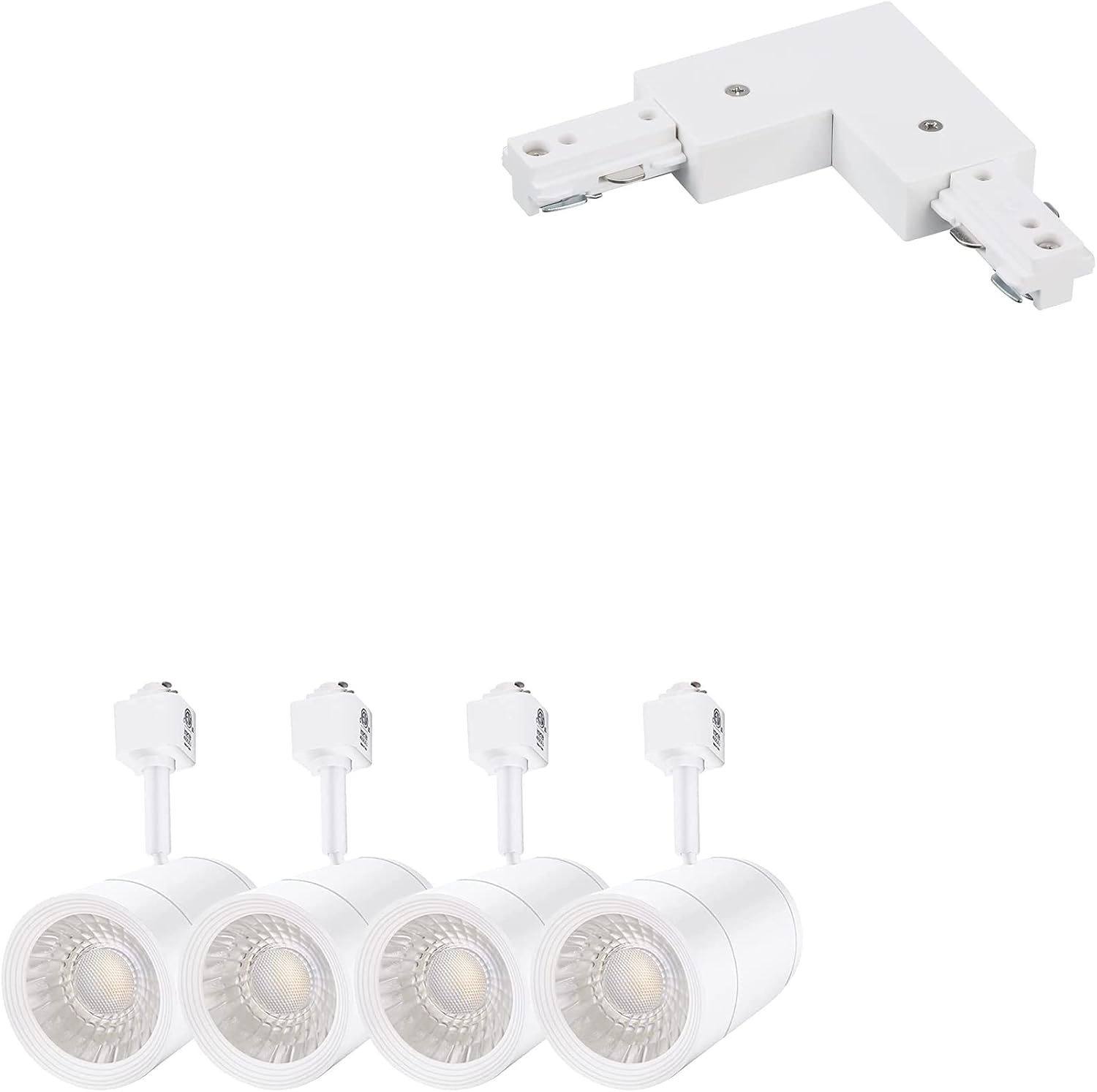 LEONLITE 4-pack 17.5W Dimmable LED Track Light Head, Compatible with Single Circuit H Track Lighting Rai, White Bundle H Track L Connector, H Type 3-Wire-1 Circuit Track Lighting Kit, Left or Right Po