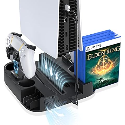 LVFAN PS5 Stand / PS5 Controller Charging Station, PS5 Accessories for Playstation 5 Digital Edition, PS5 Console Cooling Station with 3 Levels Adjustable Fan Speed, 8 x PS5 Games Slots - Black Cover