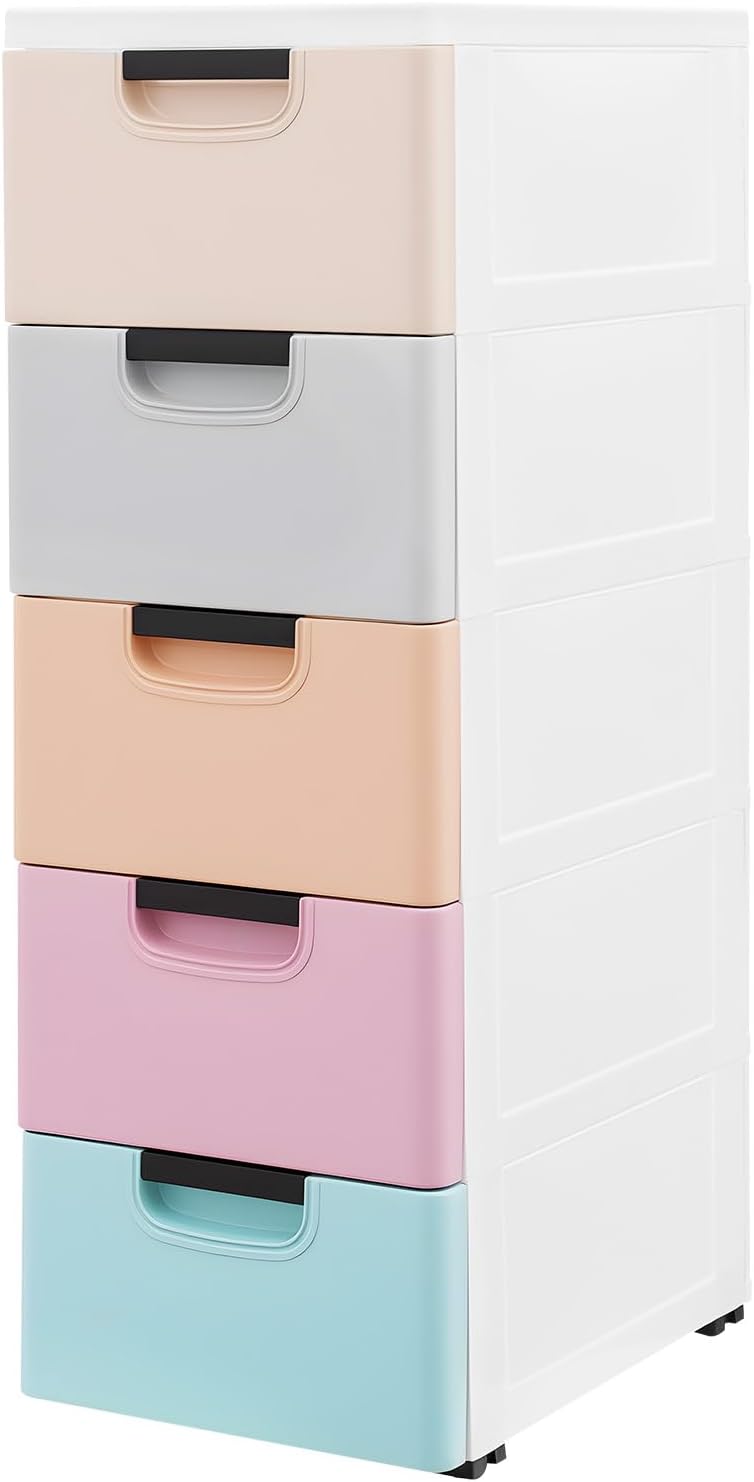 5-Drawer Storage Cabinet, Narrow Slim Tall Dresser with Wheels, PP Plastic Tower Unit for Bedroom Closet Living Room Kitchen, Space-Saving Vertical Organizer for Clothes Toys Books, 15.7x11.8x33.1in