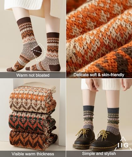 Image of IIG 3-5 Pairs Womens Vintage Cozy Crew Socks Soft Cute Neutral Cotton Socks Exquisite Patterns Socks Gift