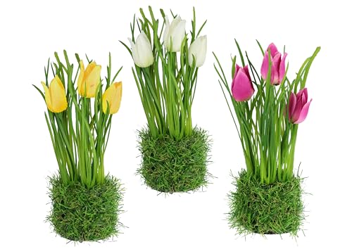 Künstliche Tulpen im Gras Nest 20cm 3erSet Kunstblumen Seidenblumen Künstlich Grasbusch Osterdeko...