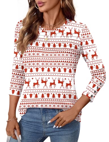 Kistore Bluse Damen Elegant Rundhalsausschnitt Falten Tunika Pullover Herbst Plissiert Langarmshirt Oberteile Große Größen Basic Drucken T Shirt (Weihnachtsrote Streifen XXL)