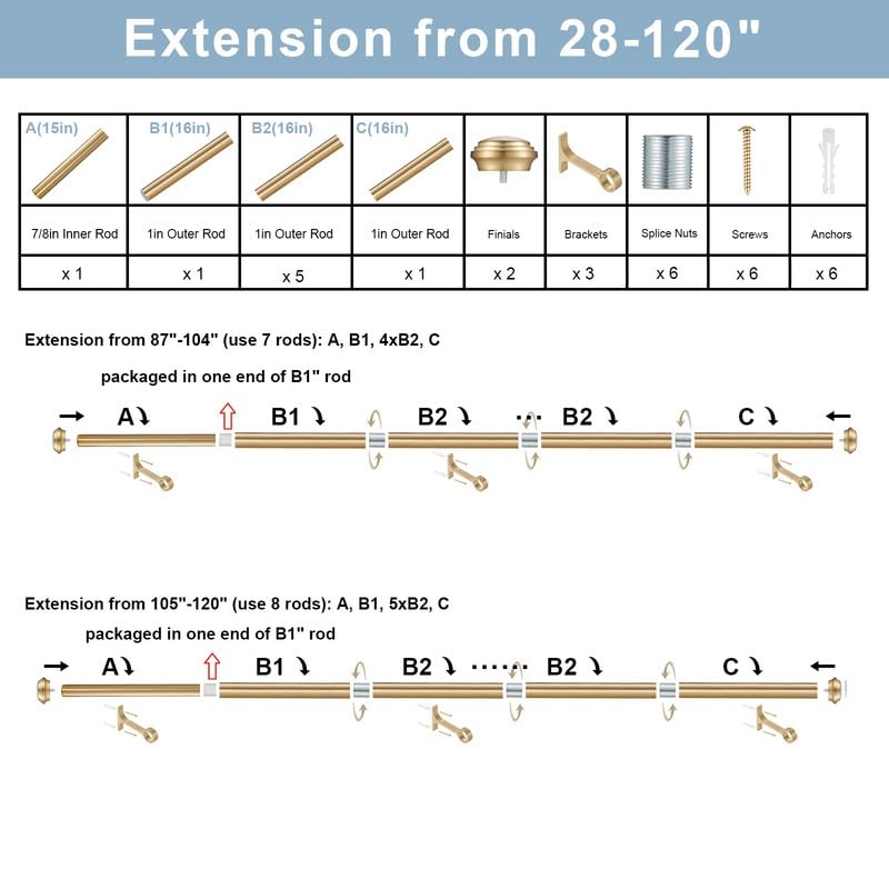 Warm Gold Curtain Rods 28-120 Inch, Splicing Curtain Rod for Window, Telescoping Decorative Curtain Rod with Cap Finials, Heavy Duty 1 Inch Diameter Single Curtain Rod, Adjustable Drapery Curtain Rod