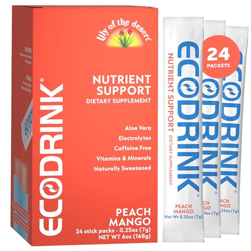 Lily of the Desert EcoDrink Nutrient Support Hydration Packets Peach Mango Naturally Sweetened Multivitamin Electrolyte Mix with Aloe 24 Stick Packs/Box 0.25 Oz Ea