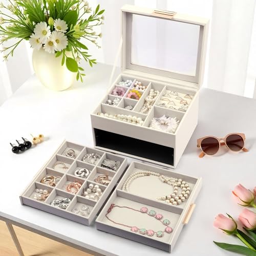 Image of BucketList Luxury PU Leather Jewellery Organizer Box with Glass Top | Multi-Drawer Jewelry Storage Case with Ring Slots & Compartments | Elegant Lockable (2 Drawers Jewellery Box (White))