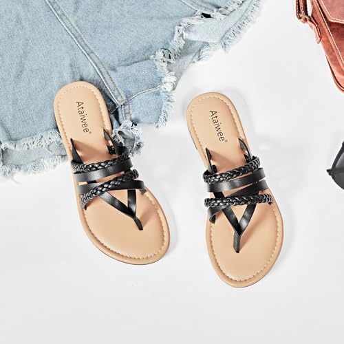 Image of Ataiwee Women's Flat Slide Sandals - Comfortable Open Toe Design,Casual Slip-On with Ankle Strap,Hook-and-Loop Closure Summer Sandals.