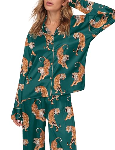 Image of SHESHOW Satin Pajamas Set for Women Set Long Sleeve Button Down Pjs Sets 2 Piece Loungewear Animal Sleepwear XS-XXL