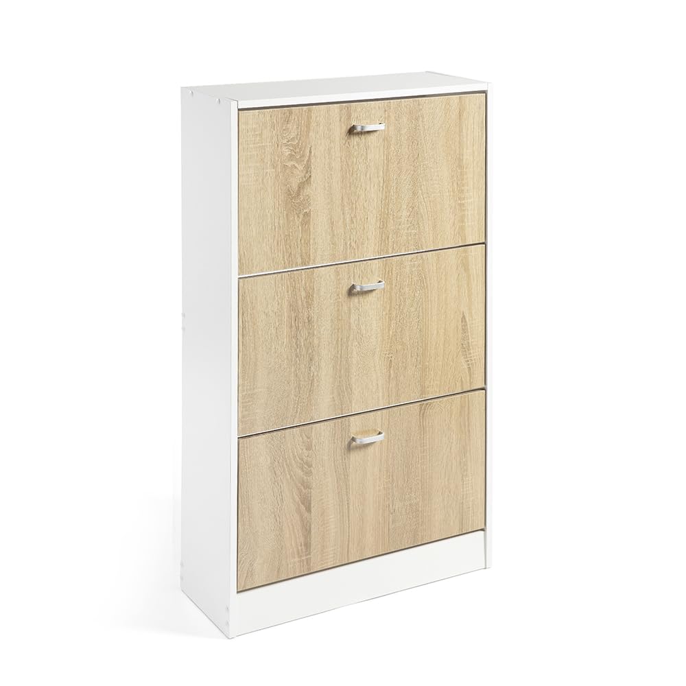 DUPI Mueble Zapatero Madera | 3 Puertas Oscilobatientes | 6 Baldas para 28 Zapatos | Diseño Minimalista | Zapatero Entrada (Estructura Blanco/Puertas Taupe)