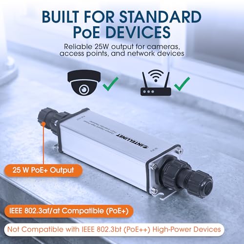 Image of Intellinet Outdoor Gigabit PoE+ Extender, IP65, 25W, 328 Ft Range | IEEE 802.3af /at range booster adds 328 ft per unit, up to 1640 ft cascade; no extra adapter needed, metal housing
