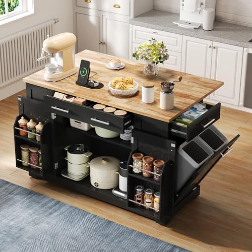 HMHKHN Isla de cocina móvil, carrito de cocina, mesa de comedor extensible, armario de cocina con placa abatible, enchufe europeo, estantes ajustables y espacio de basura extraíble, 138 × 86 × 92 cm