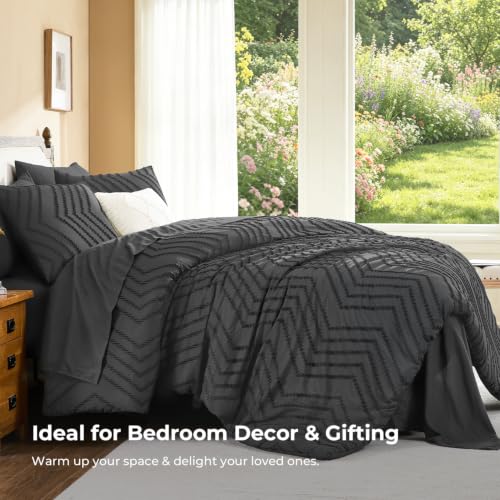 Image of Litanika Dark Grey Full Size Comforter Set with Sheets - 7 Pieces Bed in a Bag Full Tufted Complete Bedding Sets with Comforter, Sheets, Pillowcases & Shams
