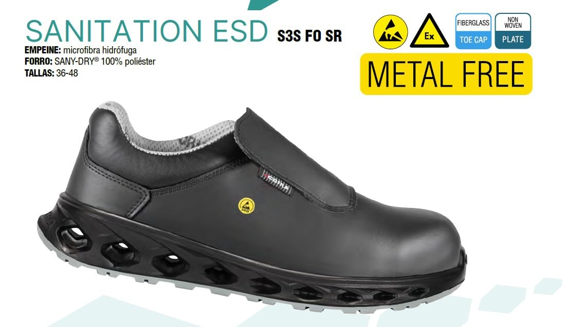 COFRA Sanitation ESD Zapato de Seguridad Laboral, Negro, Microfibra Hidrófuga, ESD Antiestático, Metal Free, Puntera de Fibra de Vidrio