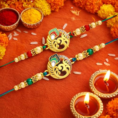 Image of Riddhika Ventures Glorious Gold Plated Auspicious Diamond Ring Rakhi || Traditional Rakhi Set of 2 & Festive Gift || Rakhi Gift Combo for Brother