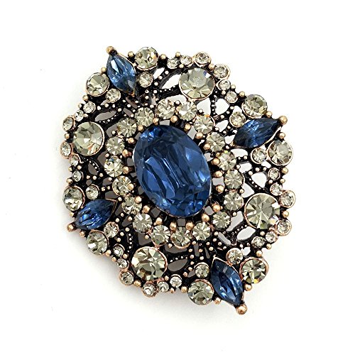 Antique Gold Tone Geometric Foliate Filigree Art Deco Blue Oval Shaped Brooch (Blue) (Blue) #TOP4