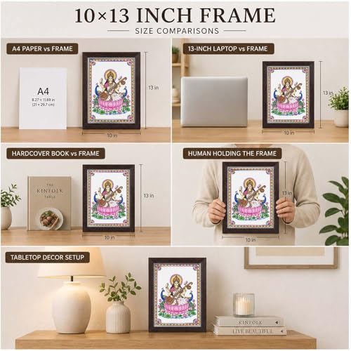 Image of PAPER PAJAMA Goddess Saraswati Vastu Wall Art for Living Room | Madhubani Saraswati Mata Painting with Veena | Traditional Mithila Religious Framed Decor for Home, Office & Study Room (10x13 Inches)
