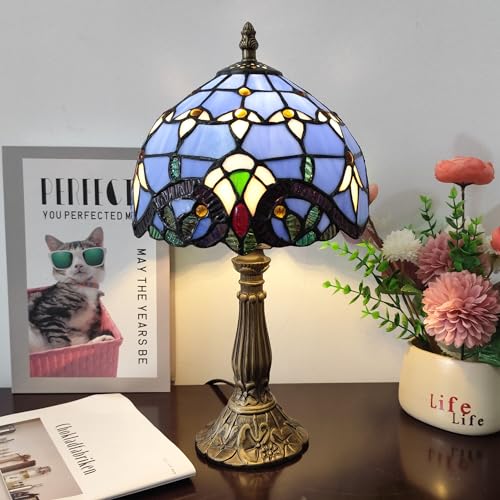 Image of Tiffany Table Lamp 3-Way Light Handmade Bedside Lamp Small Desk Night Lamp Stained Glass Antique 15inch Tall Desk Light for Home Office Bedroom Living Room Study Room, Blue