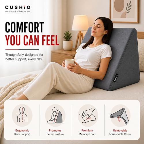 Image of CUSHIO Bed Wedge Pillow for Sleeping, Memory Foam Wedge Cushion for Acid Reflux, Back Support Pillow for Bed Sitting, Orthopedic Wedge Pillow for Neck & Back Pain, Leg Elevation Pillow (Grey)