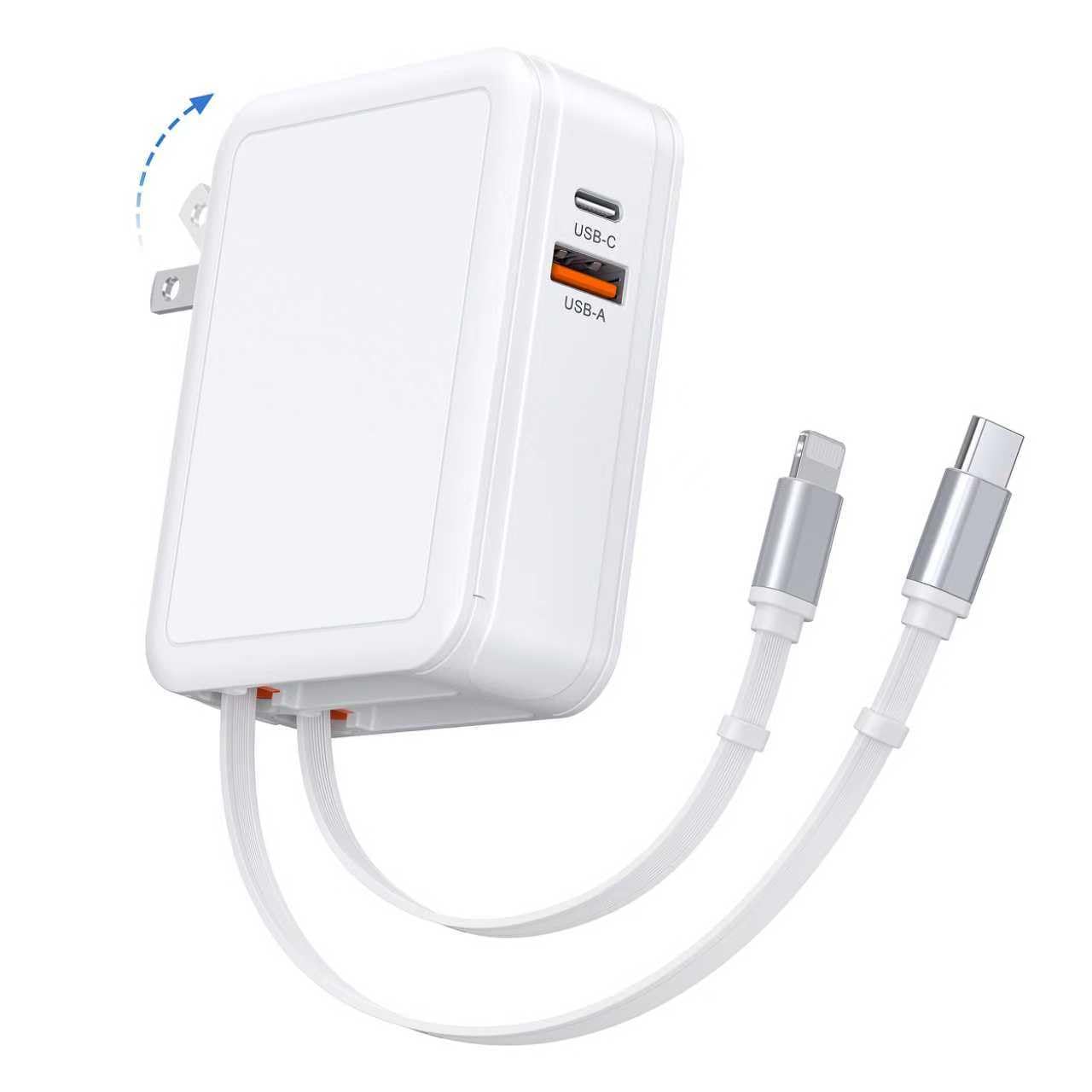 65W 急速充電器 iPhone 充電器 Type-C 巻き取り式 80cm【折り畳みプラグ/PD3.0/PSE認証/8階段調節】 type-c コンセント 2ポート ケーブル ー体型 4ポート同時充電可能 MacBook iPhone iPad Android その他各種機器対応 旅行/出張/収納 ホワイト