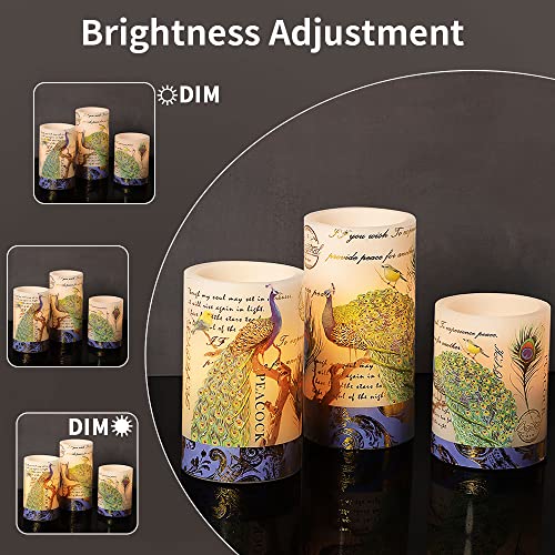 Image of Flameless Candles Peacock Decor Battery Operated Candle with Remote Real Wax Flickering LED Pillar Candle Vintage Home Decor for Spring, Summer, Wedding Decor, Mothers Day Gifts