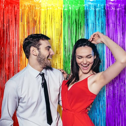 Image of Voircoloria 2 Pack Rainbow Foil Fringe Backdrop Curtains, Tinsel Streamers Birthday Party Decorations, Fringe Backdrop for Graduation, Baby Shower, Gender Reveal, Disco Party