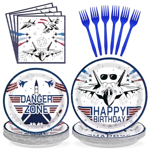 96 Pcs Fighter Jet Pilot Birthday Decorations Military Jet Plates and Napkins Top Air Force Gun Tableware Set Airplane Birthday Party Decorations for Pilot Aviation Aircraft Party Supplies Serves 24