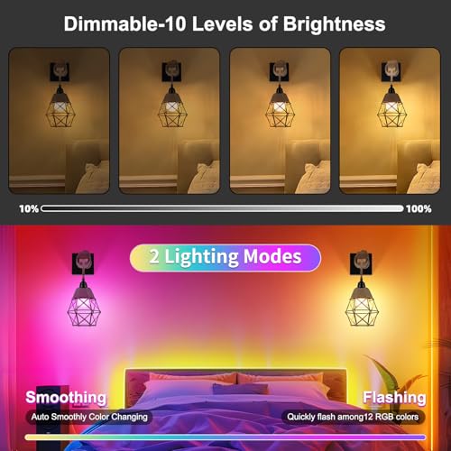 Image of FRIDEKO HOME Farmhouse Rustic Wall Sconces, Battery Operated Set of Two, Rattan Dimmable Wireless Rechargeable Wall Lamp with RGB 12 Colors & 3 Timer, Boho Lighting for Bedroom, Black