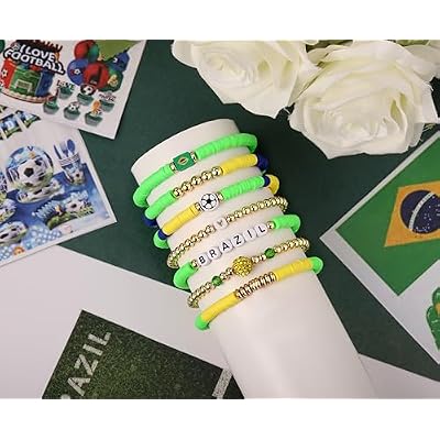 World Soccer Game-day Cup Bracelet Stack Set 7pcs Softball/Baseball/Basketball/Soccer/Volleyball/Tennis/Football Stretch Sports Fans Jewelry Sports Beaded Bracelets with Charms