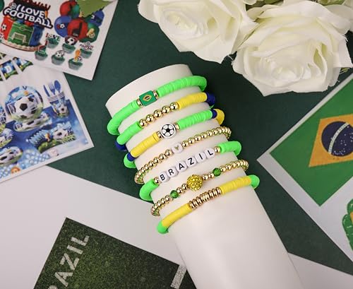 Poasrelax 2026 World Soccer Game-day Cup Brazil Team Beaded Bracelet Set 7pcs Stack-able Bracelets with Soccer Flag Beads Brazil Lettering Gold Crystal Accents Jewelry Gift for Women Men(baxi) by Poasrelax - Image 2