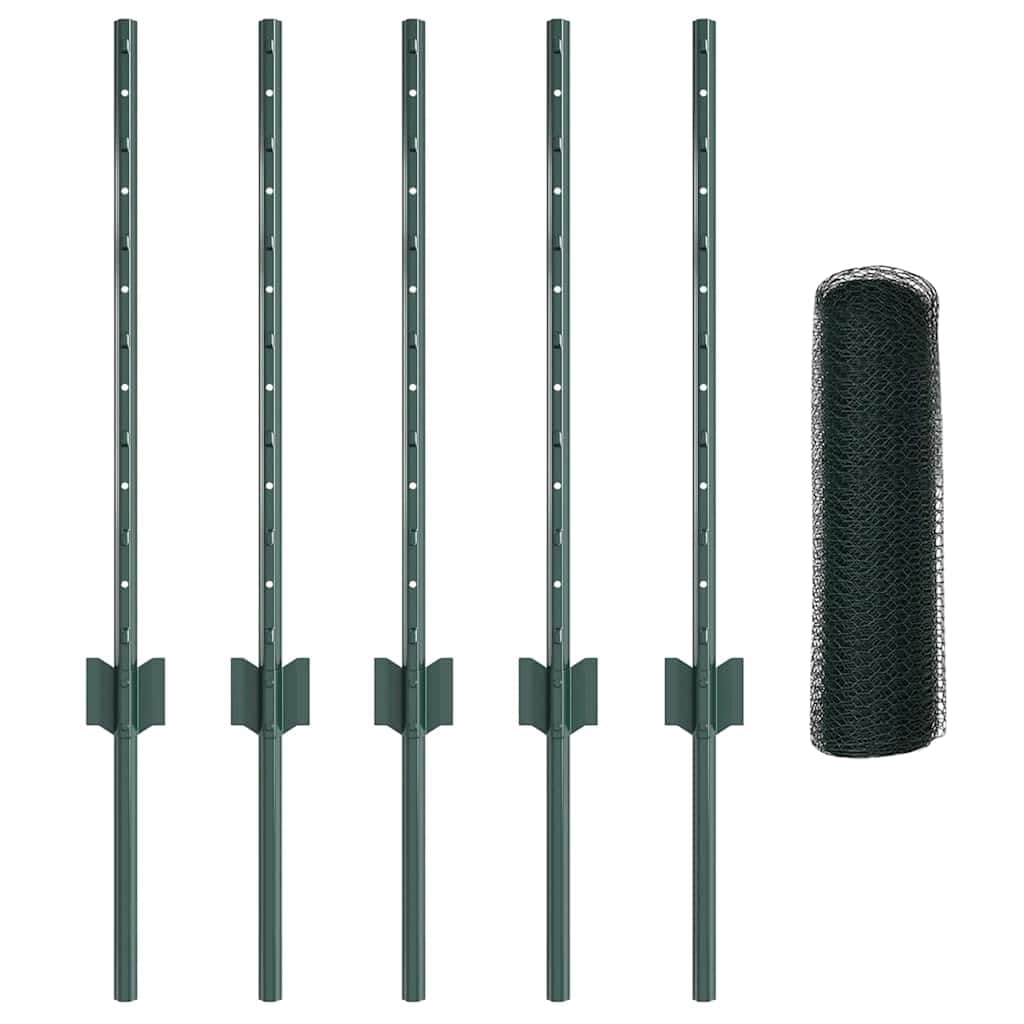 Gartenzaun Grün mit Pfosten, 10m x 60cm Sechseckgeflecht aus Stahl und PVC, Maschendrahtzaun Set mit 5 Pfosten und Zubehör für Garten, Terrasse und Tiergehege